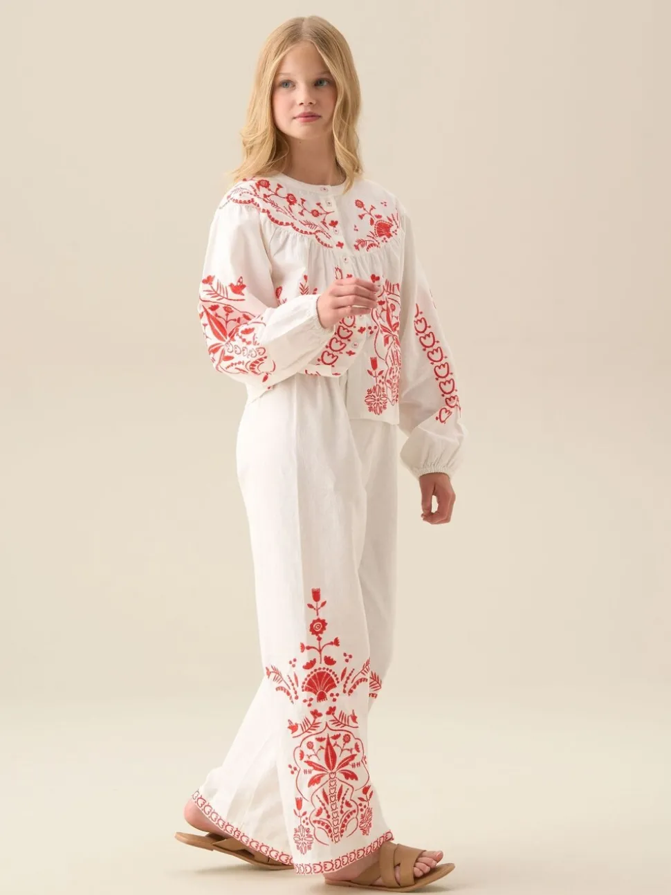 Angel & Rocket White Pippa Embroidered Tie Waist Trousers