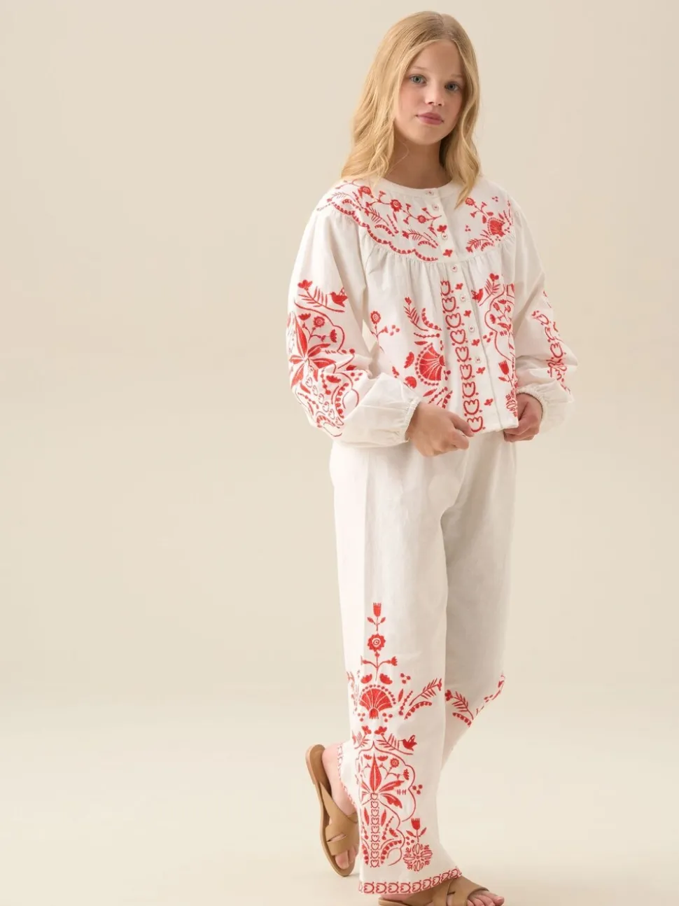 Angel & Rocket White Pippa Embroidered Tie Waist Trousers