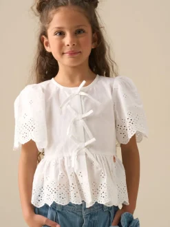 Angel & Rocket White Ria Broderie Tie Front Peplum Blouse