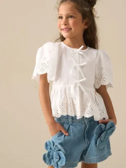 Angel & Rocket White Ria Broderie Tie Front Peplum Blouse
