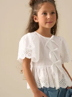 Angel & Rocket White Ria Broderie Tie Front Peplum Blouse