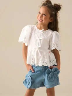 Angel & Rocket White Ria Broderie Tie Front Peplum Blouse