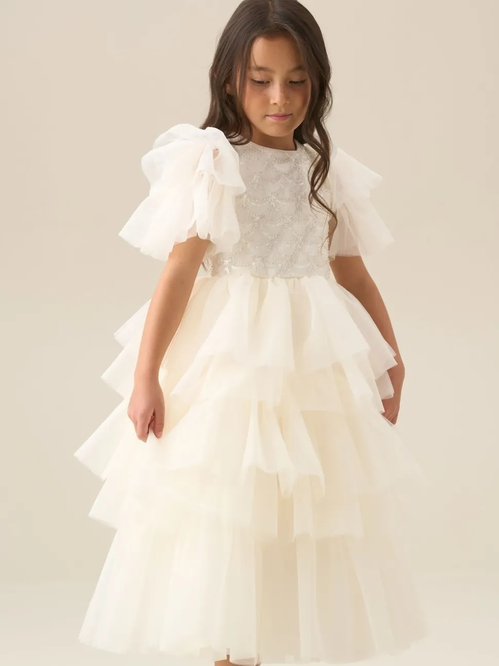 Angel & Rocket White Tiffany Ivory Beaded Tiered Tulle Dress
