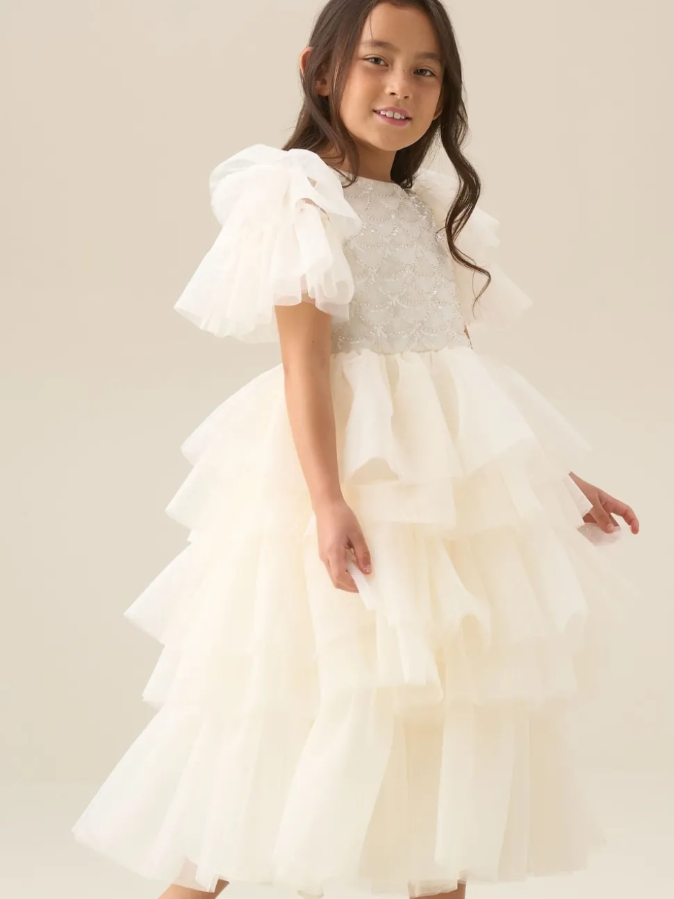 Angel & Rocket White Tiffany Ivory Beaded Tiered Tulle Dress