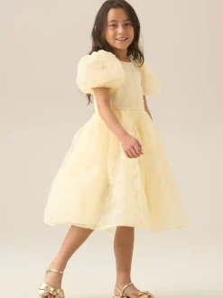 Angel & Rocket Yellow Francine Embellished Puff Sleeve Dress