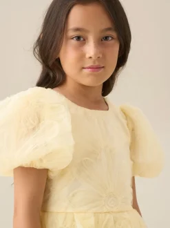 Angel & Rocket Yellow Francine Embellished Puff Sleeve Dress