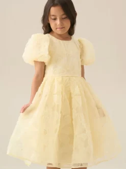 Angel & Rocket Yellow Francine Embellished Puff Sleeve Dress