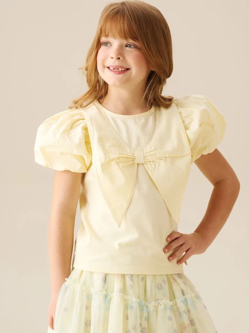 Angel & Rocket Yellow Tilly Bow Collar Puff Sleeve T-Shirt