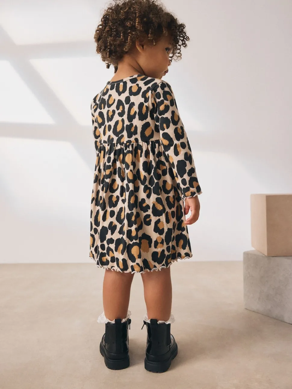 Animal Print Long Sleeve Ribbed Dress (3mths-7yrs)