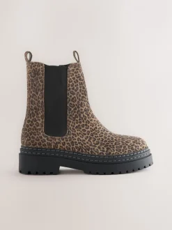 Animal Leopard Print Standard Fit (F) Leather Chunky Chelsea Boots