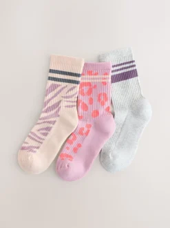 Animal Print Cotton Rich Cushioned Sole Ribbed Ankle Socks 3 Pack