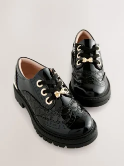 Baker by Ted Baker Girls Back to School Chunky Patent Black Brogue Shoes with Bow