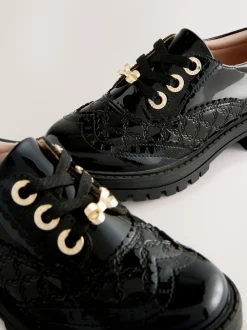 Baker by Ted Baker Girls Back to School Chunky Patent Black Brogue Shoes with Bow