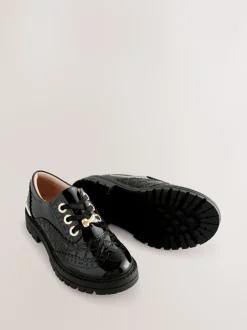 Baker by Ted Baker Girls Back to School Chunky Patent Black Brogue Shoes with Bow