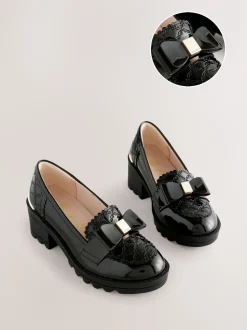 Baker by Ted Baker Girls Back to School Patent Heeled Black Loafer Shoes with Bow