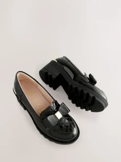 Baker by Ted Baker Girls Back to School Patent Heeled Black Loafer Shoes with Bow