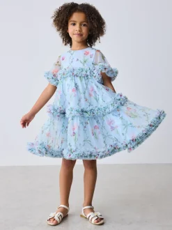Baker by Ted Baker Blue Floral Ruffle Tiered Mesh Dress
