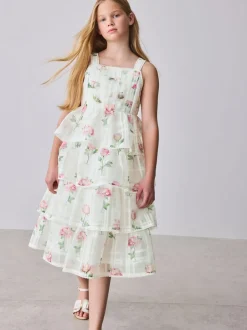 Baker by Ted Baker Burnout Organza Floral Tiered Midi White Dress