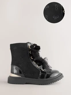 Baker by Ted Baker Girls Black Diamanté Lace-Up Boots with Bow