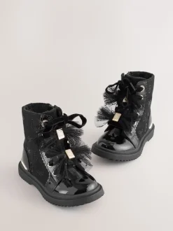 Baker by Ted Baker Girls Black Diamanté Lace-Up Boots with Bow