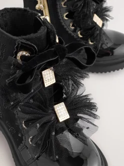 Baker by Ted Baker Girls Black Diamanté Lace-Up Boots with Bow