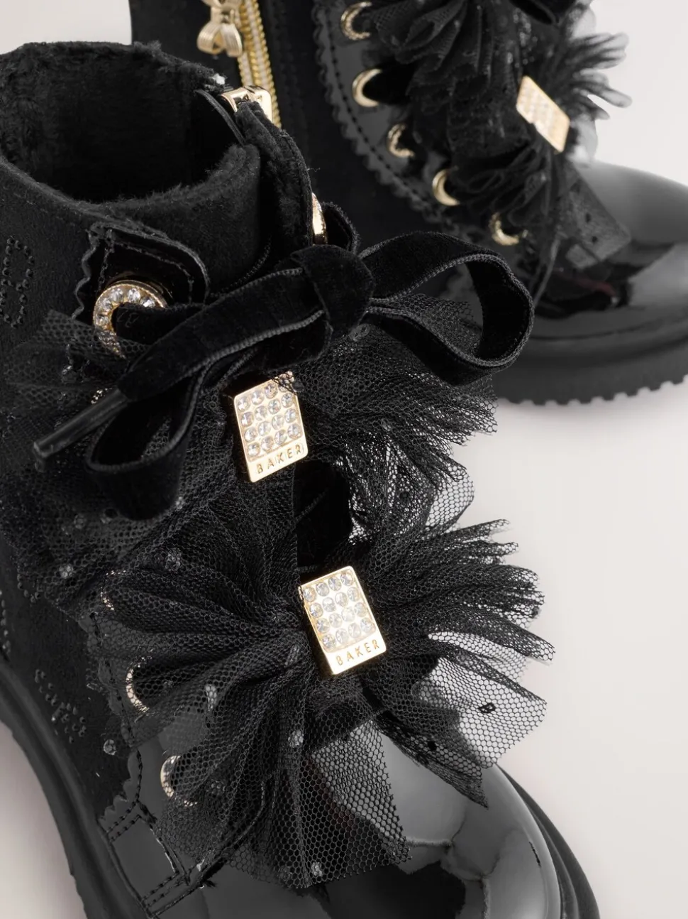 Baker by Ted Baker Girls Black Diamanté Lace-Up Boots with Bow