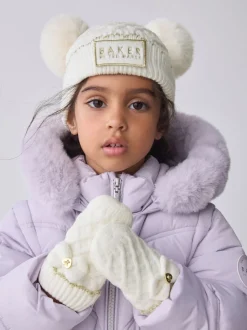 Baker By Ted Baker Girls Double Pom Eared Hat and Mittens Set