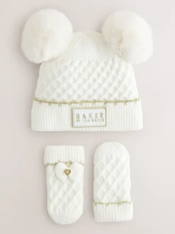 Baker By Ted Baker Girls Double Pom Eared Hat and Mittens Set