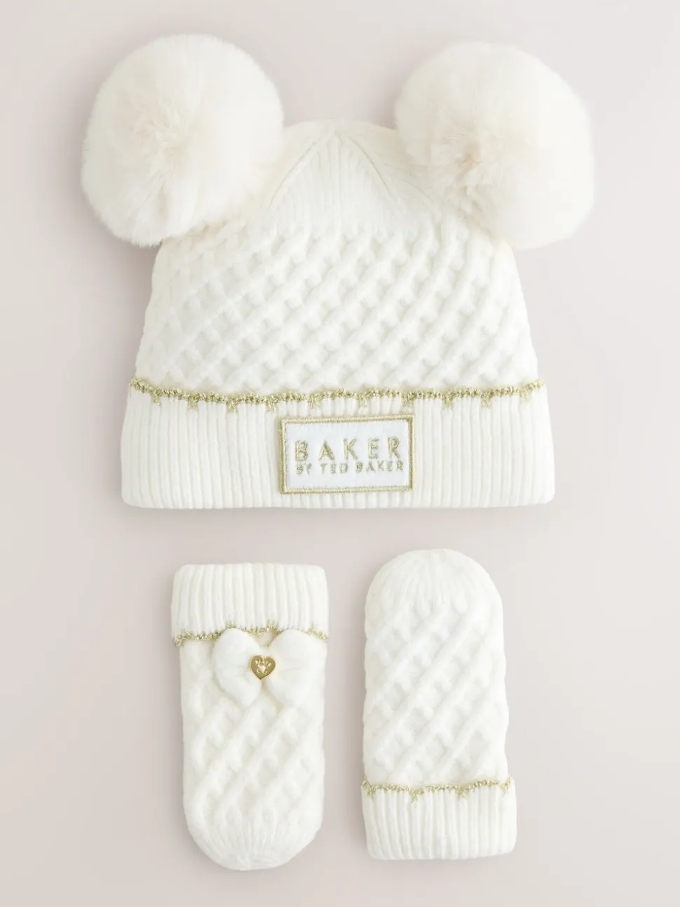 Baker By Ted Baker Girls Double Pom Eared Hat and Mittens Set