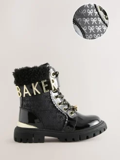 Baker by Ted Baker Girls Embossed Lace Up Chunky Black Boots