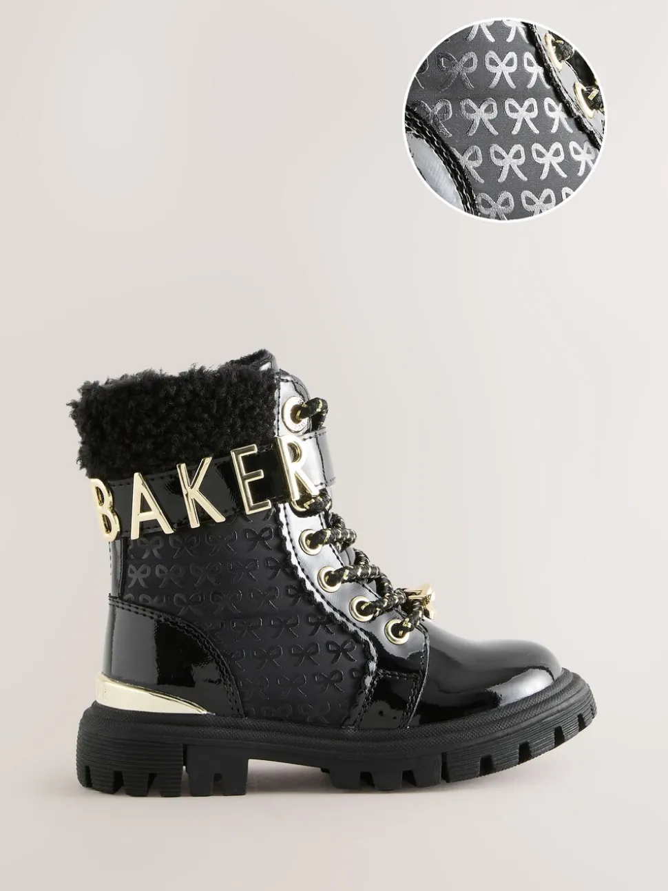 Baker by Ted Baker Girls Embossed Lace Up Chunky Black Boots