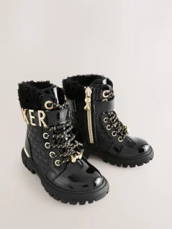 Baker by Ted Baker Girls Embossed Lace Up Chunky Black Boots