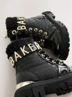 Baker by Ted Baker Girls Embossed Lace Up Chunky Black Boots