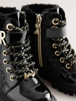 Baker by Ted Baker Girls Embossed Lace Up Chunky Black Boots