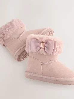Baker by Ted Baker Girls Faux Fur Cuff Boot Slippers with Bow