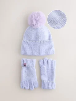 Baker by Ted Baker Girls Knitted Diamanté Bow Pom Hat and Gloves Set