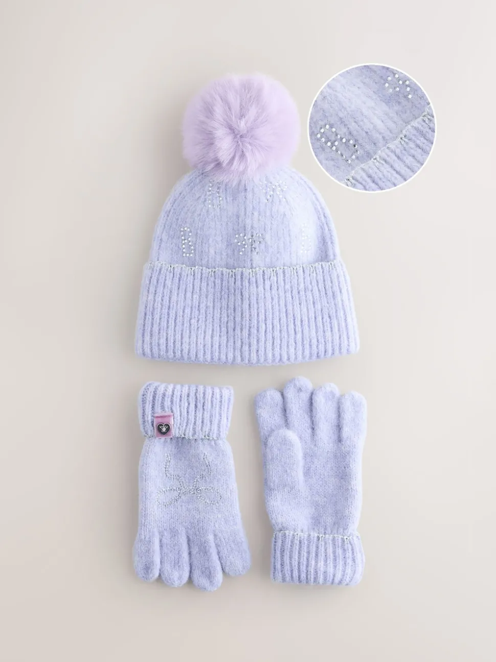 Baker by Ted Baker Girls Knitted Diamanté Bow Pom Hat and Gloves Set