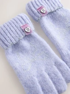 Baker by Ted Baker Girls Knitted Diamanté Bow Pom Hat and Gloves Set