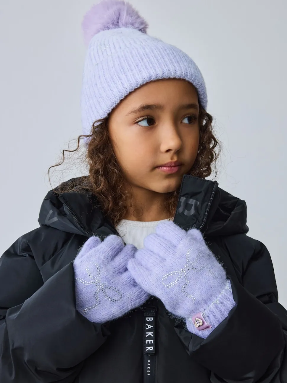 Baker by Ted Baker Girls Knitted Diamanté Bow Pom Hat and Gloves Set