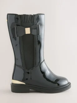 Baker by Ted Baker Girls Patent Tall Knee High Black Boots With Bow