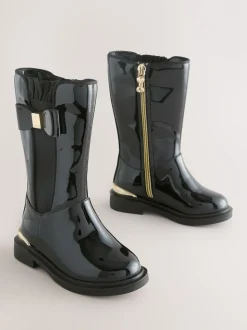 Baker by Ted Baker Girls Patent Tall Knee High Black Boots With Bow
