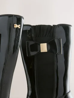 Baker by Ted Baker Girls Patent Tall Knee High Black Boots With Bow