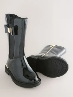 Baker by Ted Baker Girls Patent Tall Knee High Black Boots With Bow