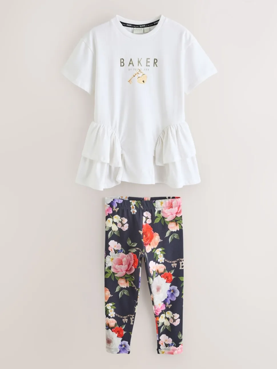 Baker by Ted Baker Navy 2 Piece Peplum Hem T-Shirt & Printed Leggings Set