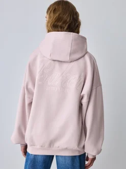 Baker by Ted Baker Oversized Satin Appliqué Back Print Pink/White Hoodie