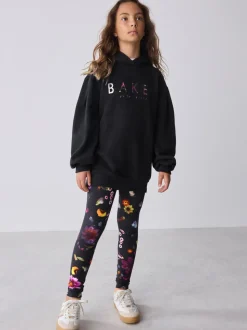 Baker by Ted Baker 2 Piece Longline Black Hoodie and Printed Leggings Set
