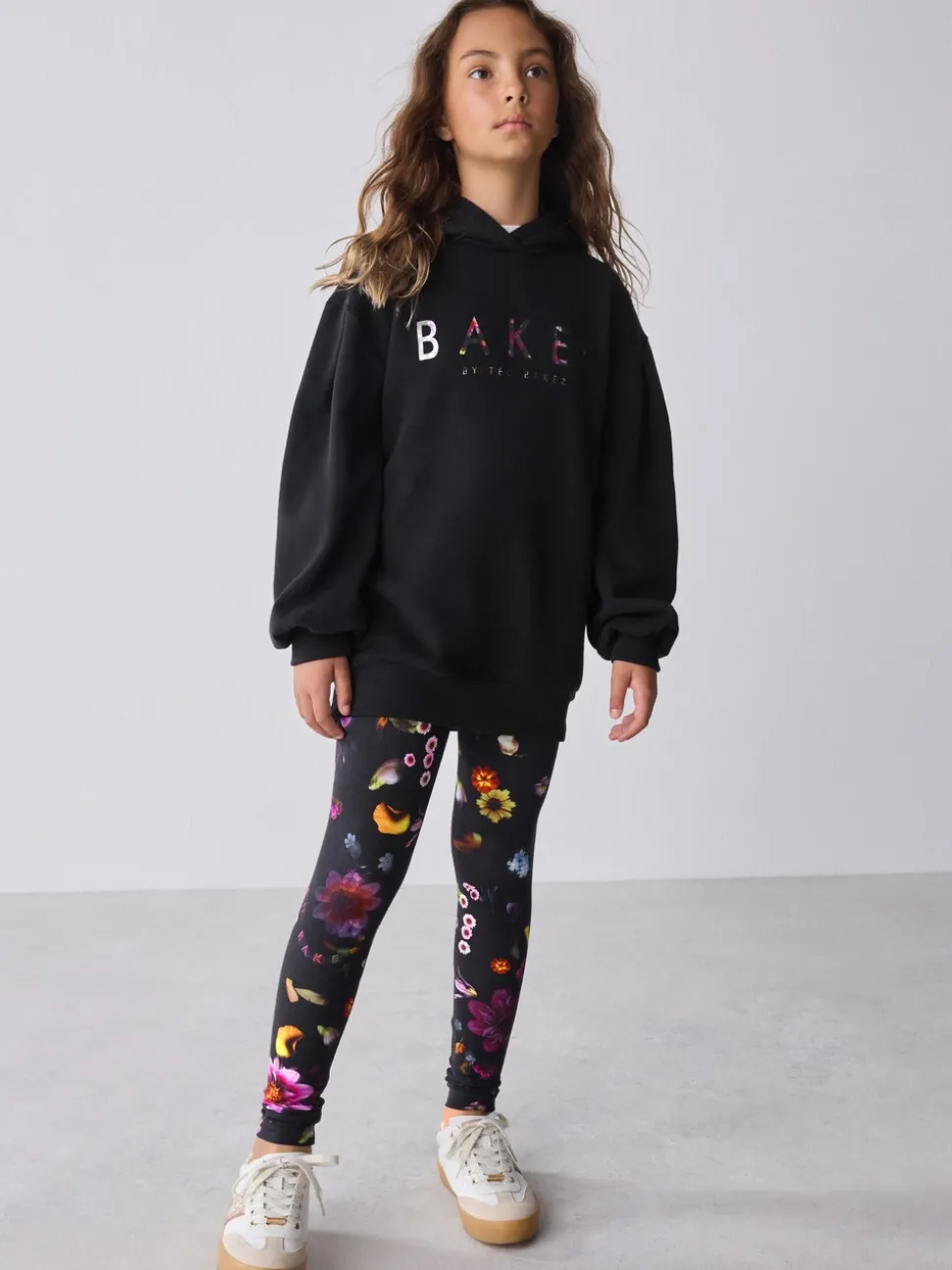 Baker by Ted Baker 2 Piece Longline Black Hoodie and Printed Leggings Set