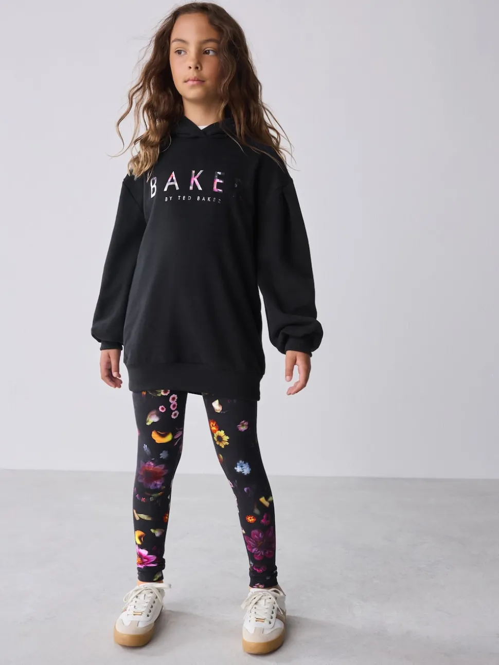 Baker by Ted Baker 2 Piece Longline Black Hoodie and Printed Leggings Set