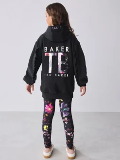 Baker by Ted Baker 2 Piece Longline Black Hoodie and Printed Leggings Set