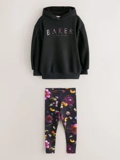 Baker by Ted Baker 2 Piece Longline Black Hoodie and Printed Leggings Set